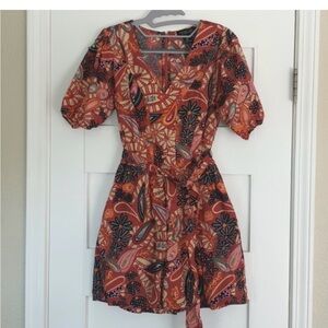 Rachel Zoe Boho Romper Dress Womens S Red Multicolor Vneck Short Sleeve Belted